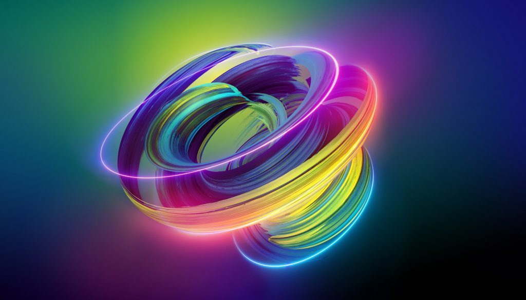 3d rendering. Abstract twisted brushstroke glowing with colorful neon light